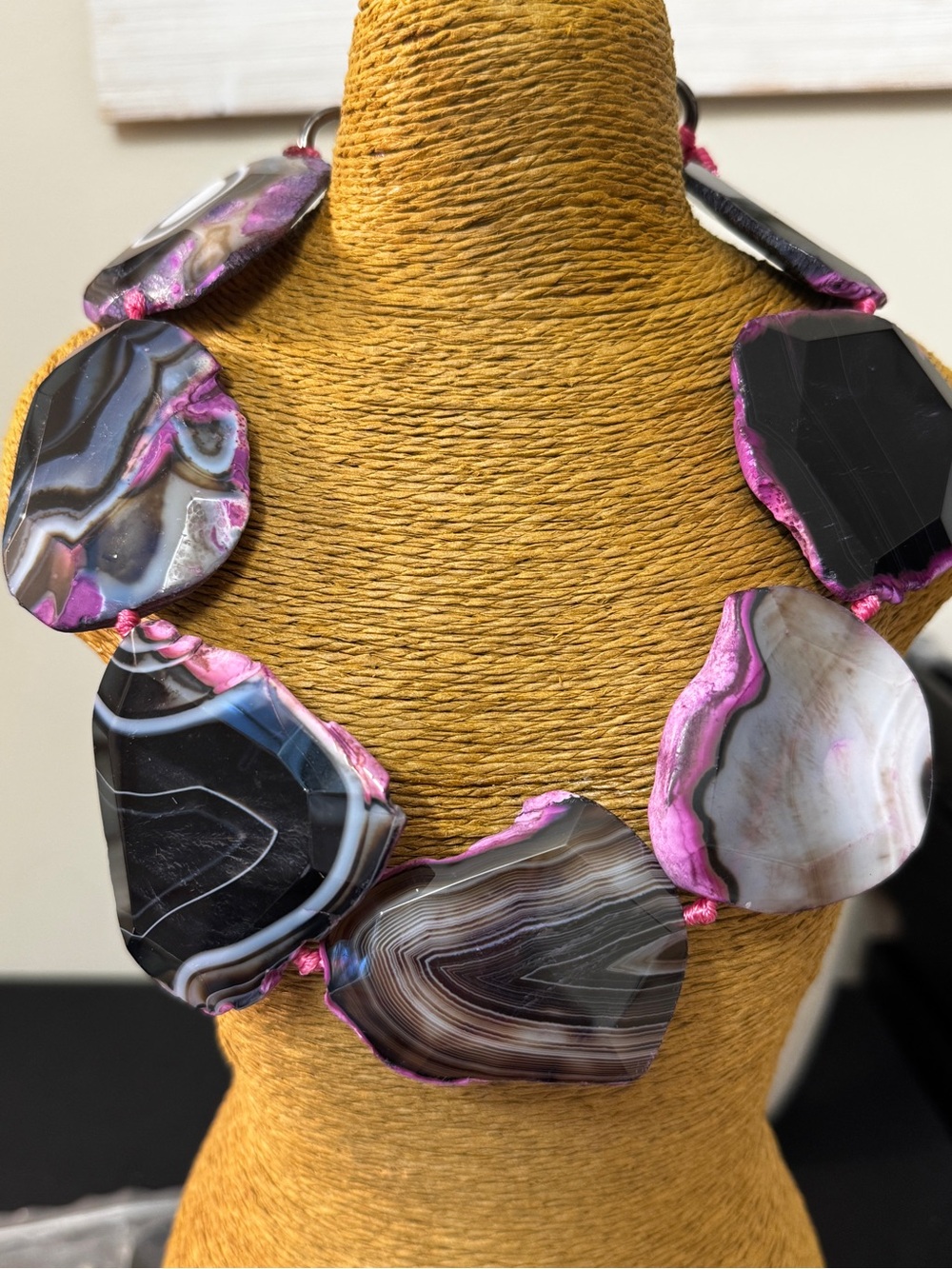Handcrafted Agate Slice Necklace in Black and Pink
